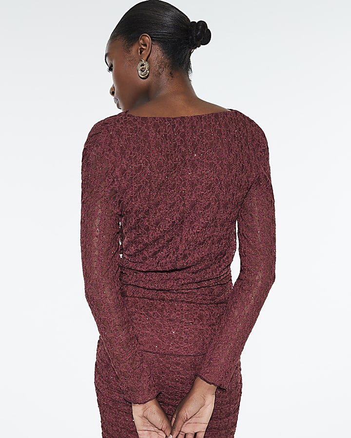 Red Cowl Neckline Diamante Lace Top