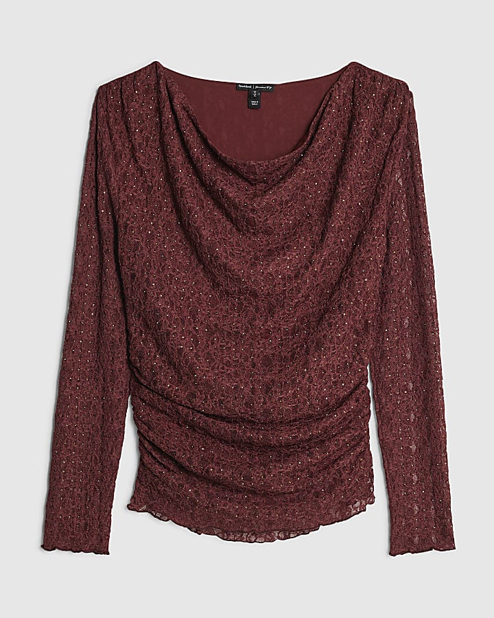 Red Cowl Neckline Diamante Lace Top
