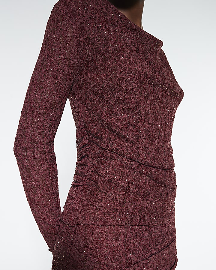 Red Cowl Neckline Diamante Lace Top