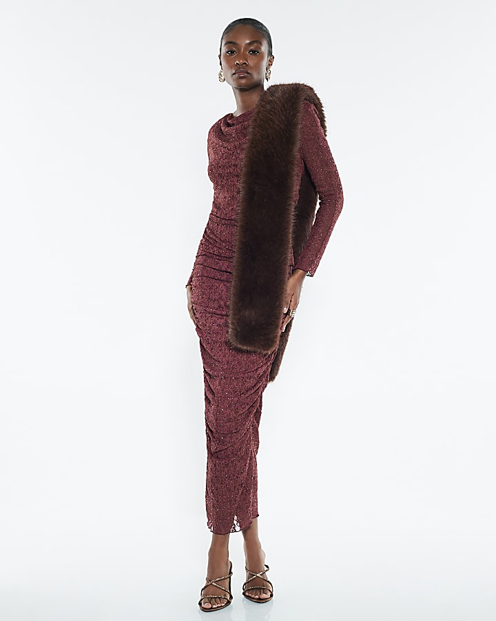 Red Cowl Neckline Diamante Lace Top