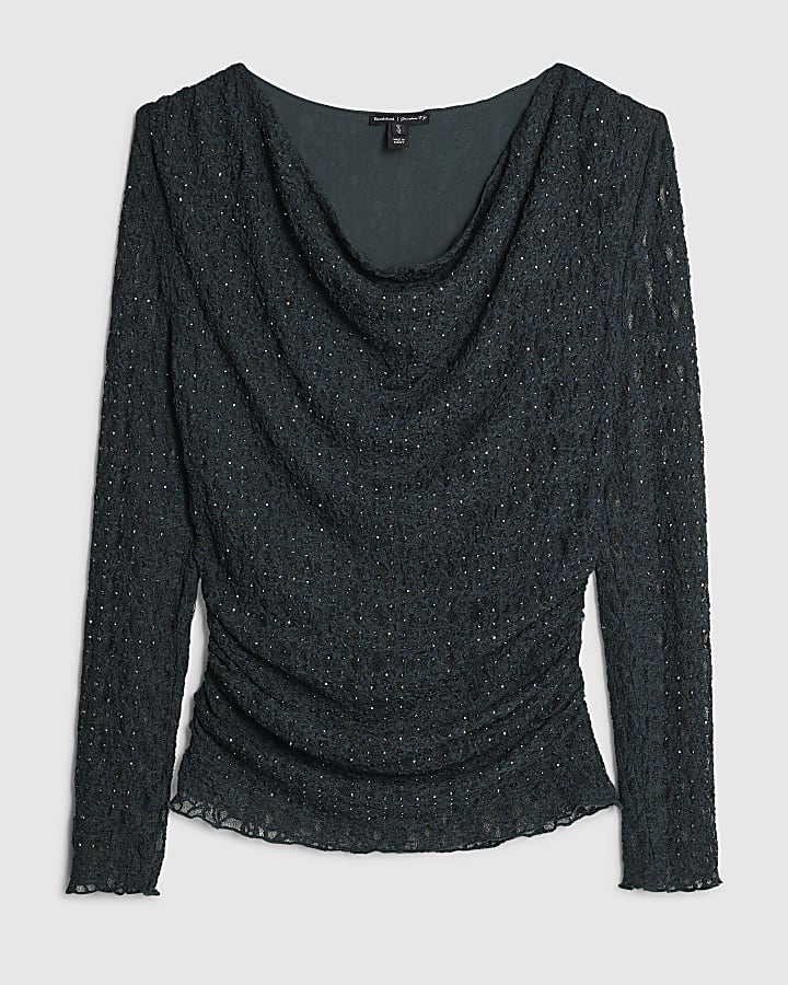 Green Lace Long Sleeve Diamante Top