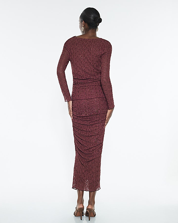 Red Diamante Ruched Lace midi Skirt