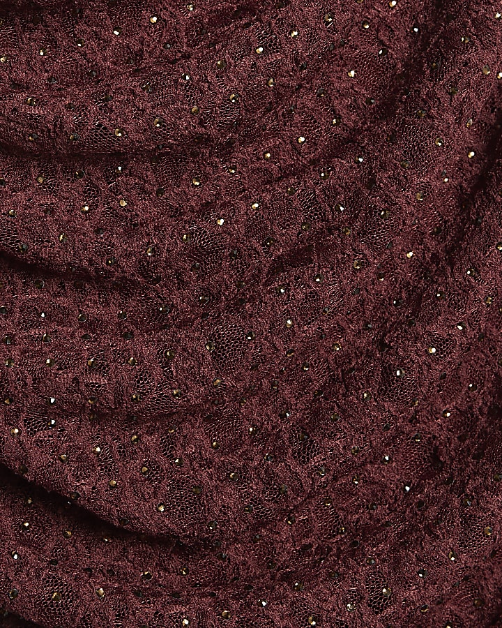 Red Diamante Ruched Lace midi Skirt