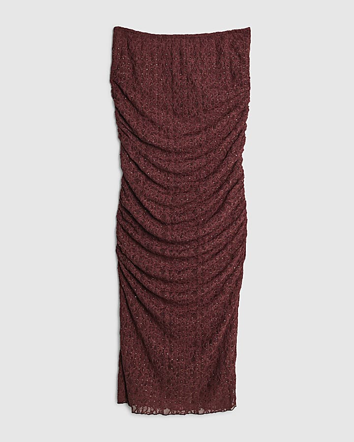 Red Diamante Ruched Lace midi Skirt
