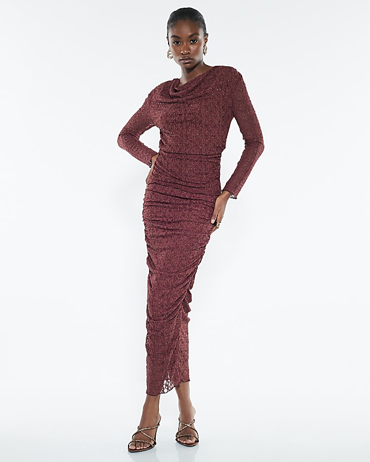 Red Diamante Ruched Lace midi Skirt