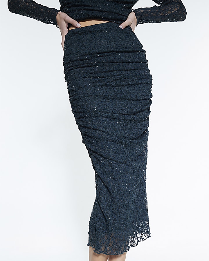 Green Diamante Embellished Lace Midi Skirt