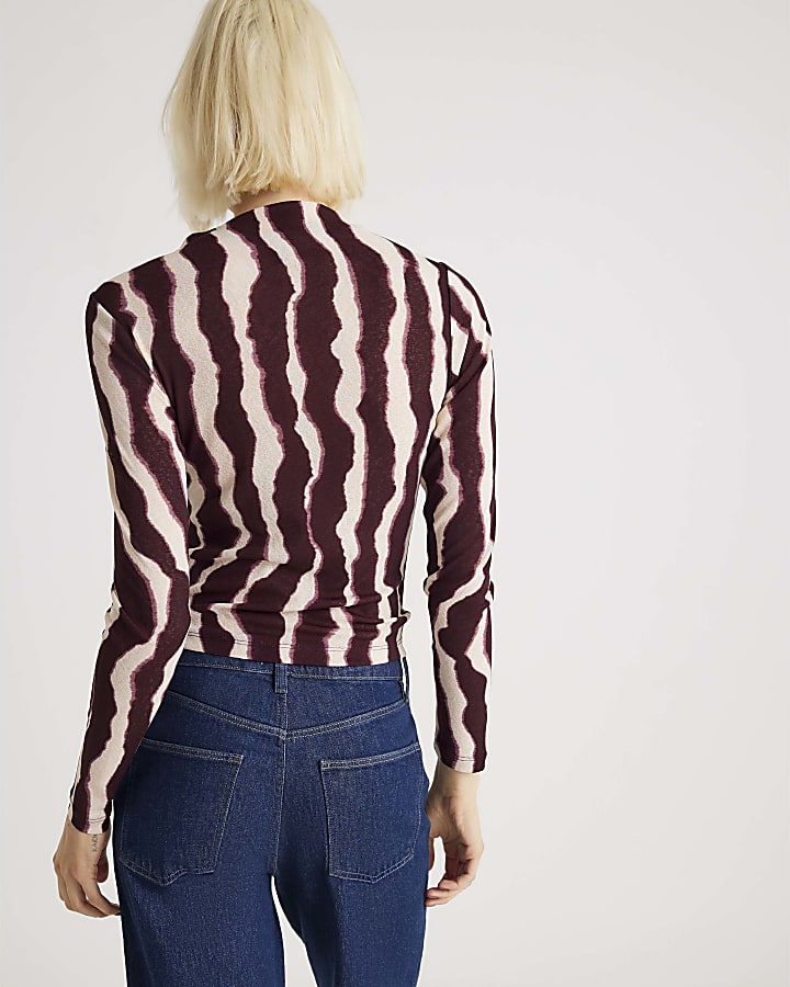 Red Ruched Wavy Print Mesh Top