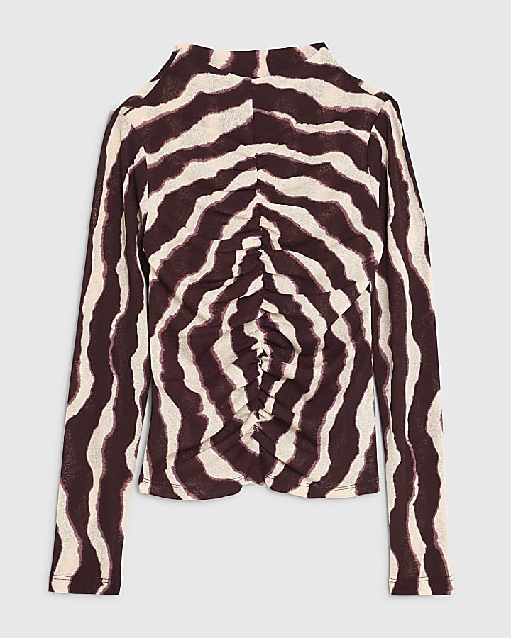 Red Ruched Wavy Print Mesh Top