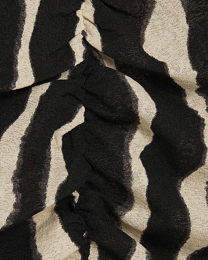 Black Ruched Wavy Print Mesh Top