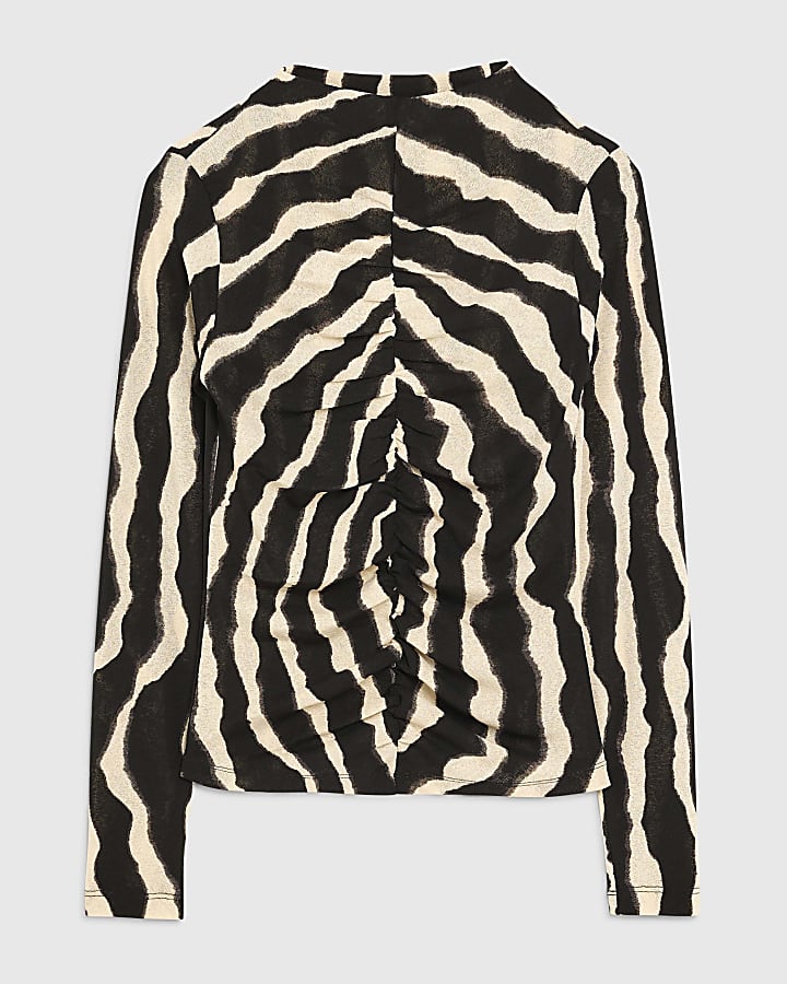 Black Ruched Wavy Print Mesh Top
