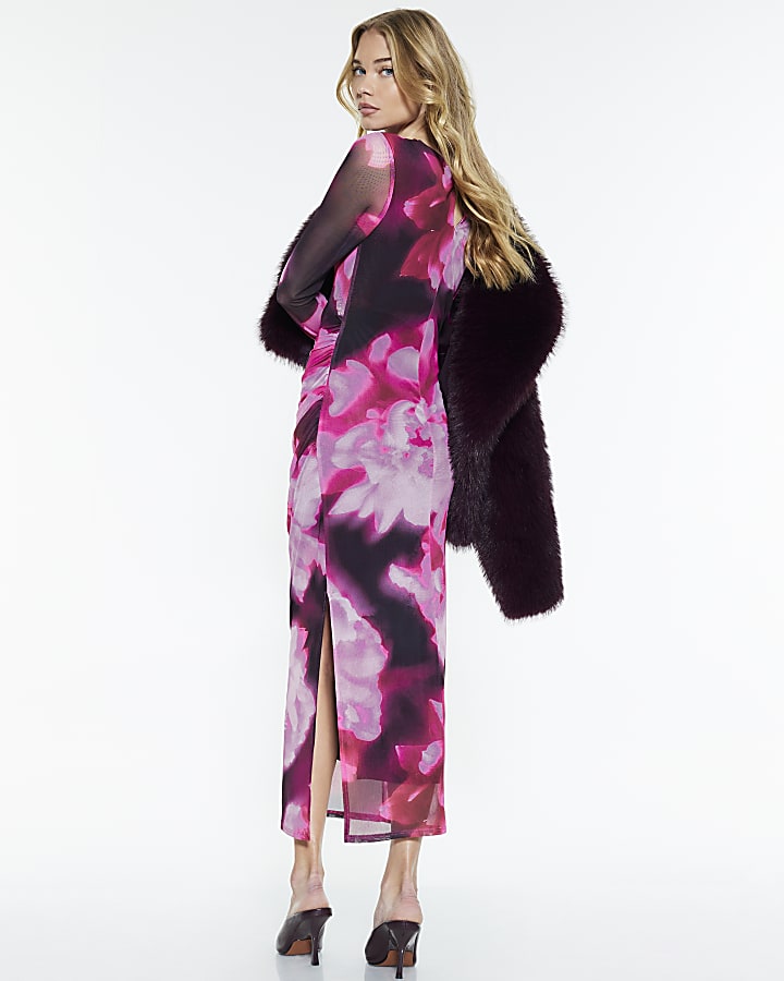 Pink Floral Print Midi Dress