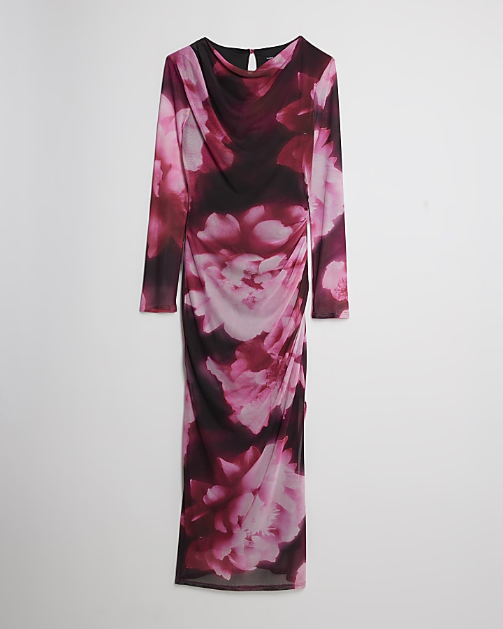 Pink Floral Print Midi Dress