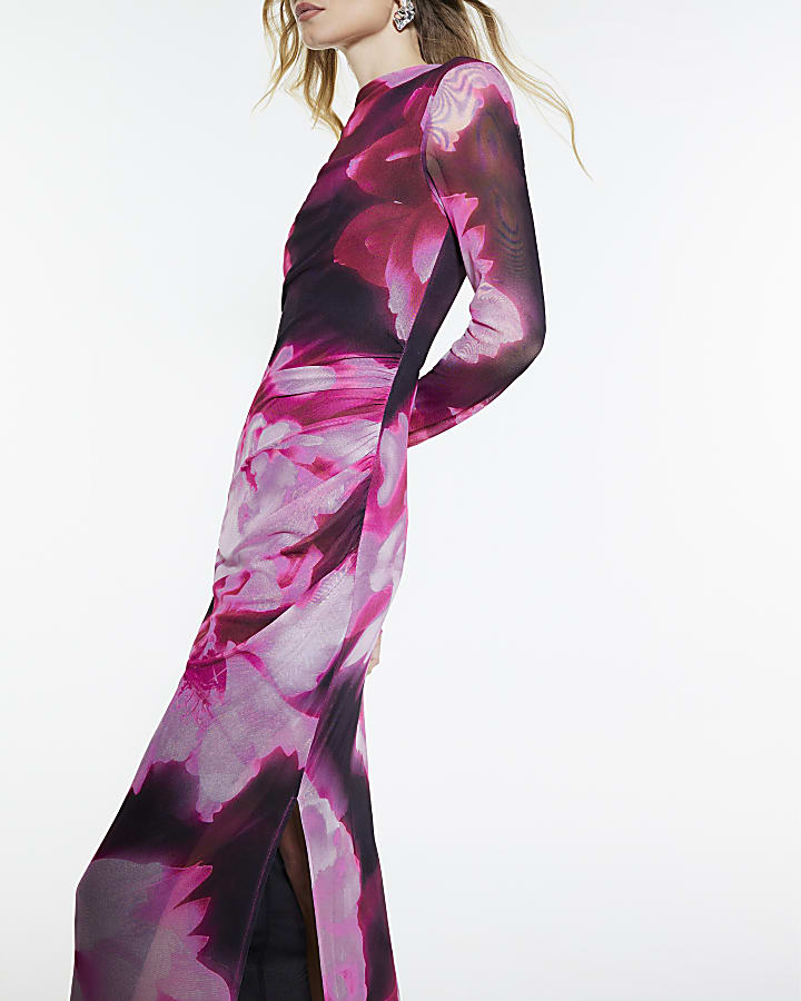 Pink Floral Print Midi Dress