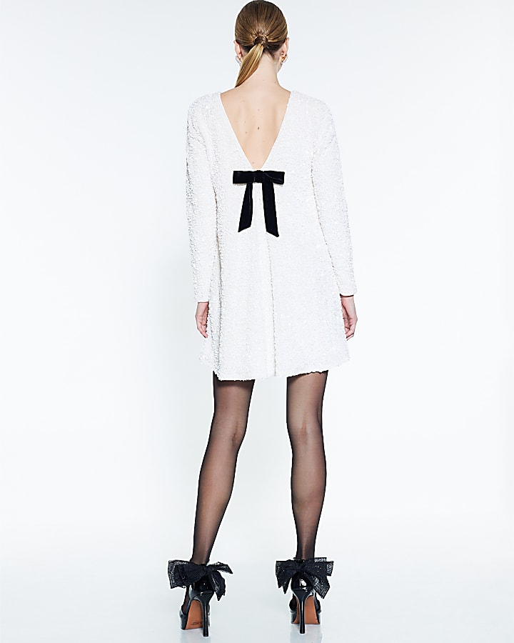 White Sequin Velvet Bow Back Mini Dress