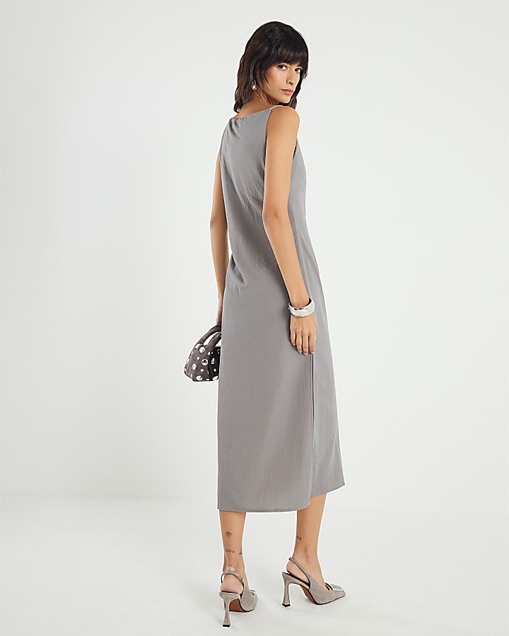 Grey Linen Look Ruched Side Cami Midi Dress
