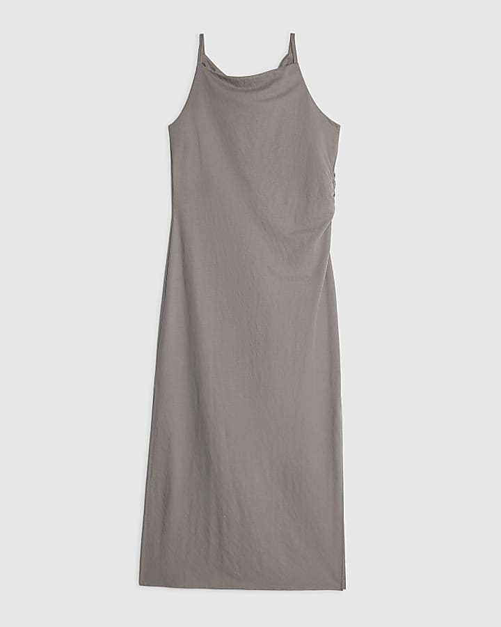 Grey Linen Look Ruched Side Cami Midi Dress