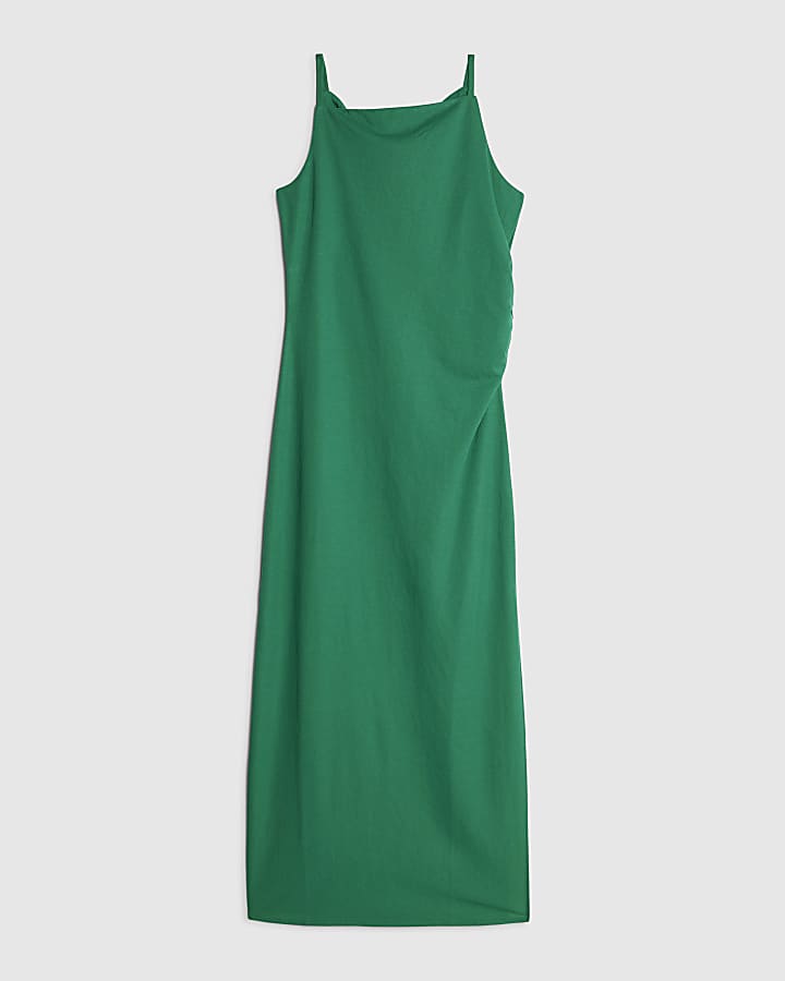 Green Linen Look Ruched Side Cami Midi Dress