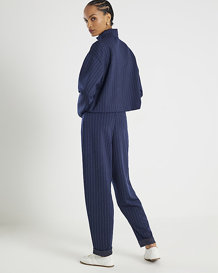 Navy Pinstripe Tapered Trousers