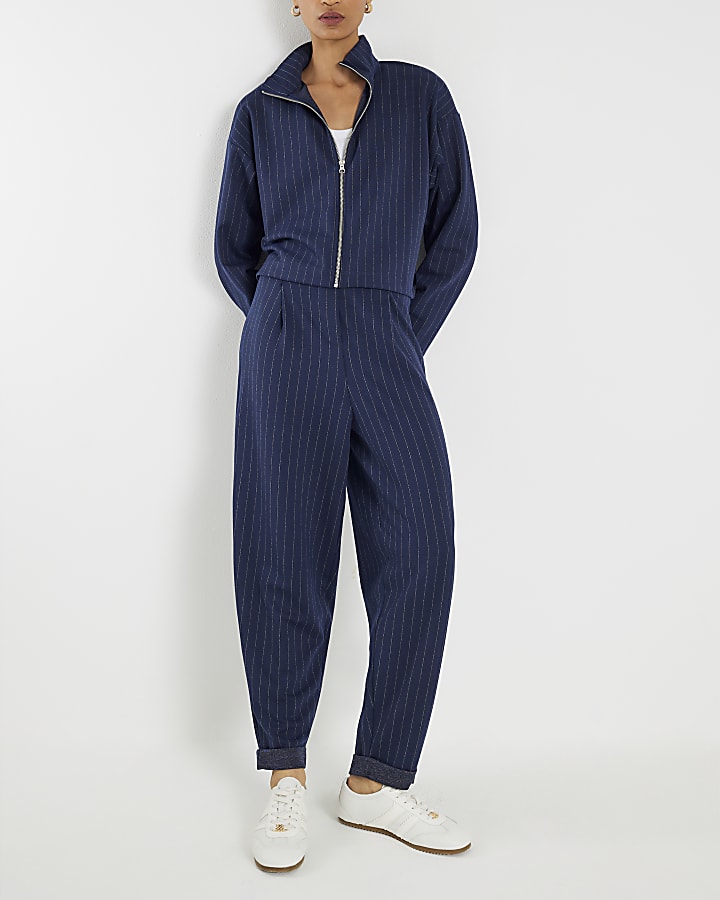 Navy Pinstripe Tapered Trousers