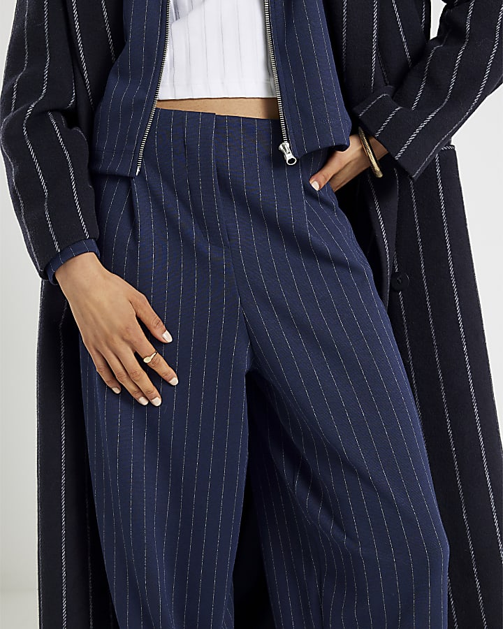 Navy Pinstripe Tapered Trousers