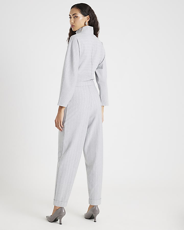 Grey Pinstripe Tapered Leg Trousers