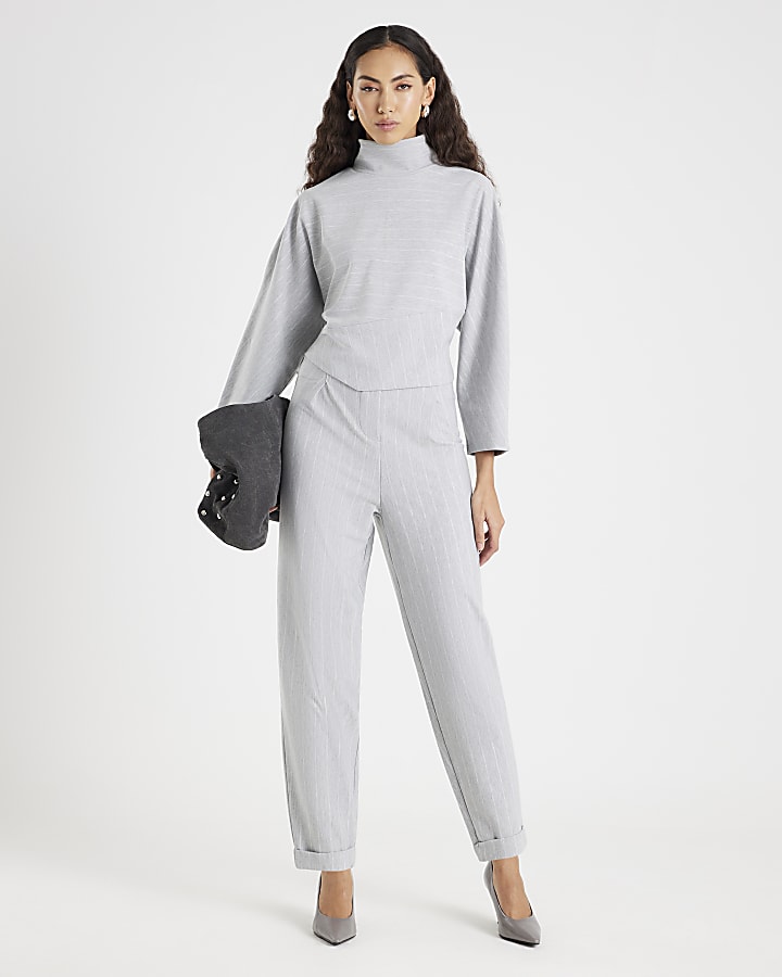 Grey Pinstripe Tapered Leg Trousers