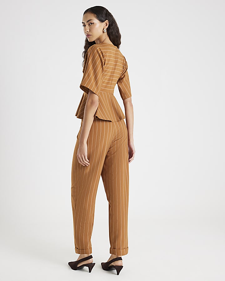 Beige Pinstripe Tapered Trousers