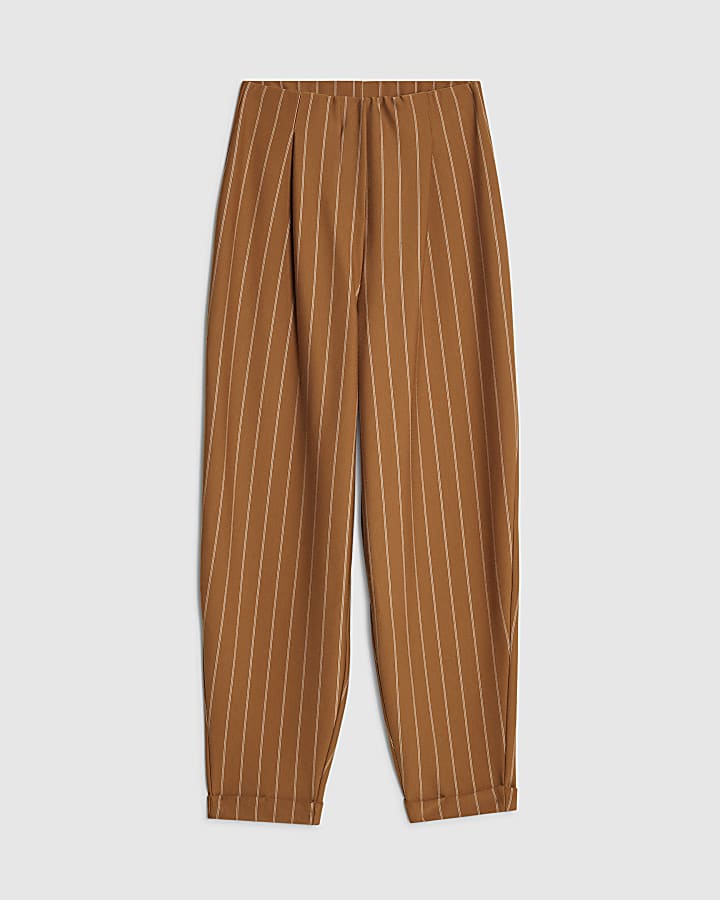 Beige Pinstripe Tapered Trousers