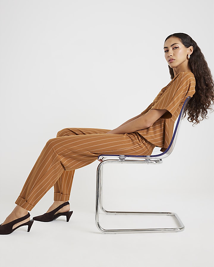 Beige Pinstripe Tapered Trousers