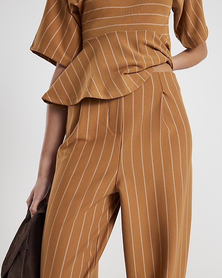 Beige Pinstripe Tapered Trousers