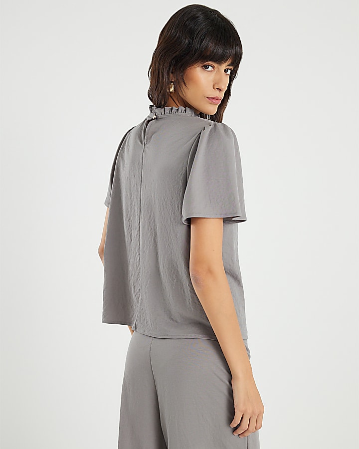 Grey Linen High Neck Ruched Top