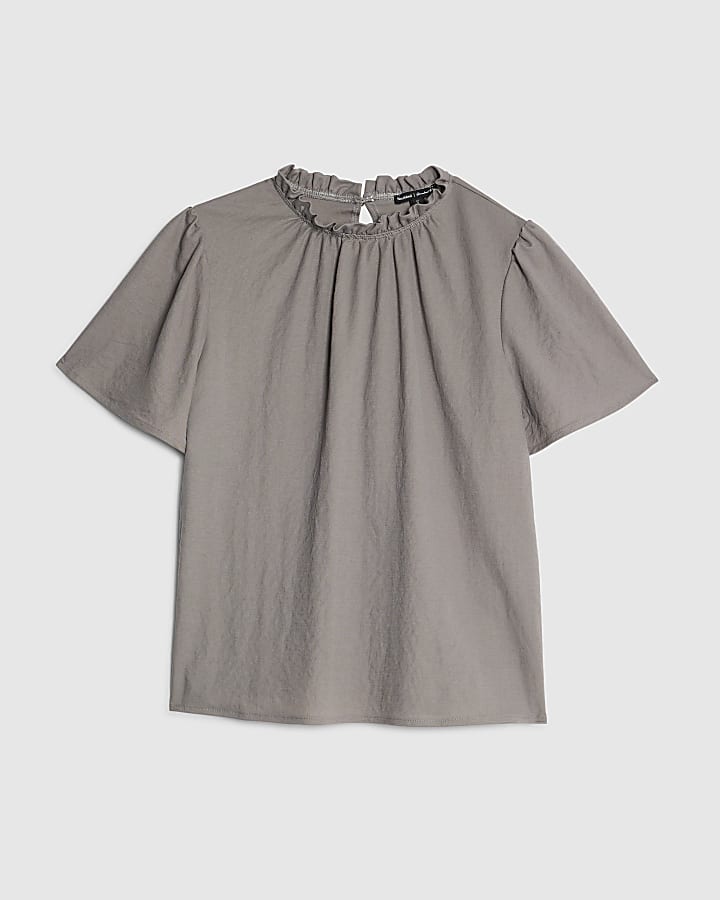 Grey Linen High Neck Ruched Top