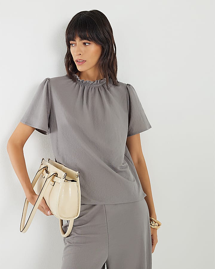 Grey Linen High Neck Ruched Top