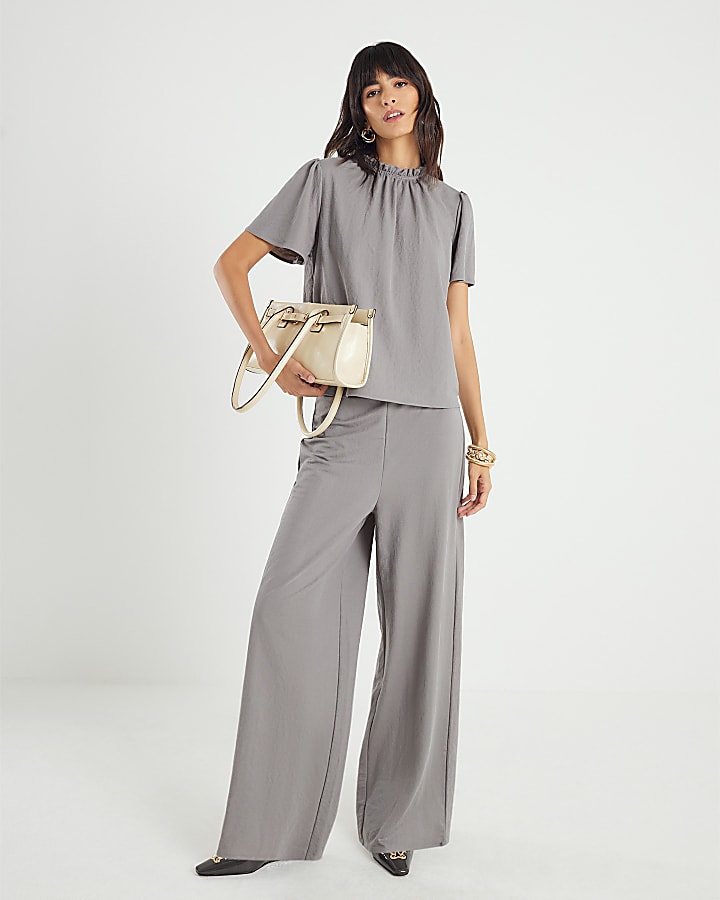 Grey Linen High Neck Ruched Top