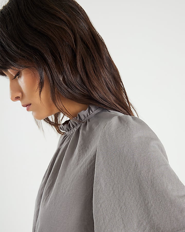Grey Linen High Neck Ruched Top