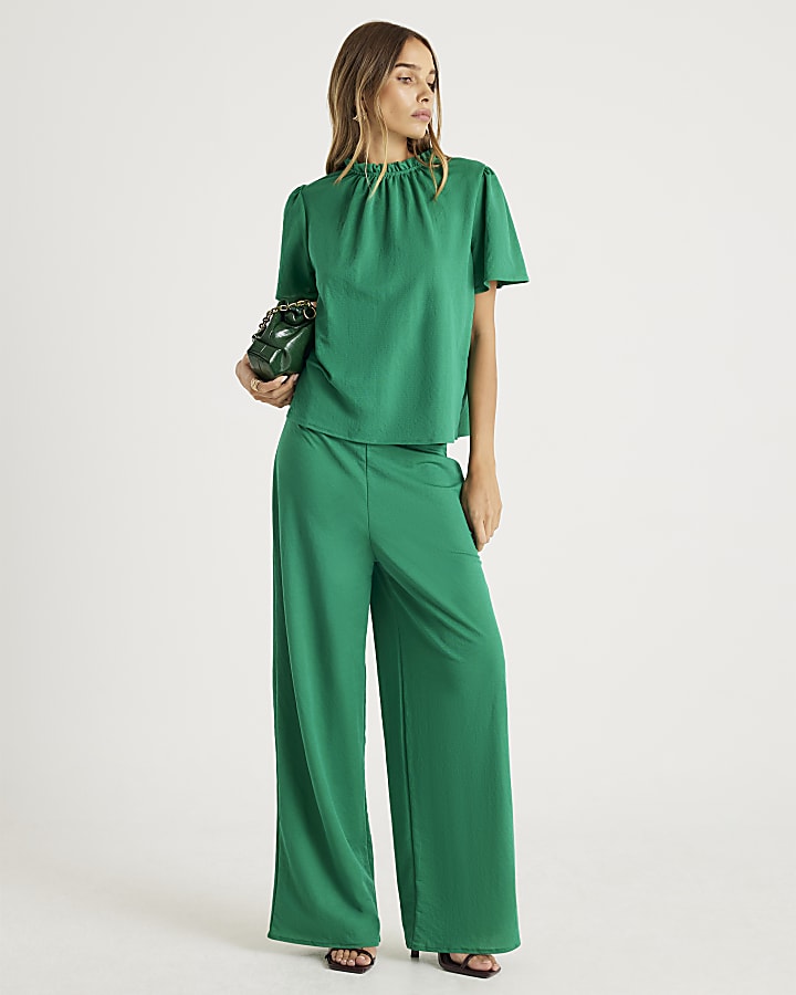 Green Linen High Neck Ruched Top