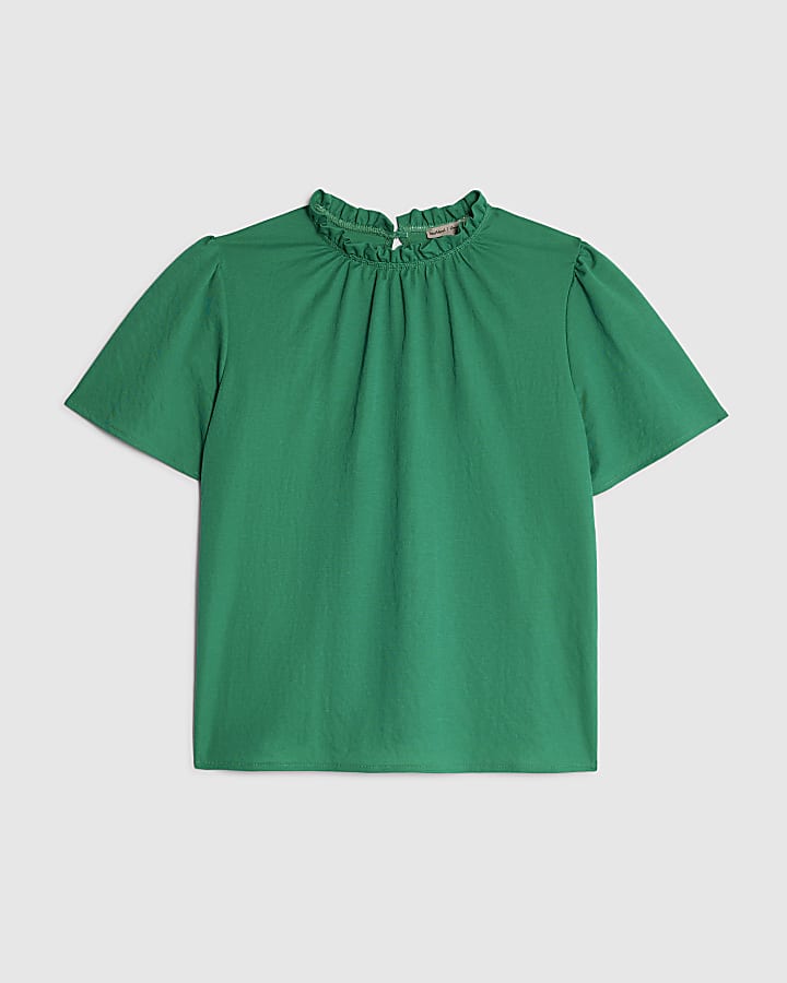 Green Linen High Neck Ruched Top