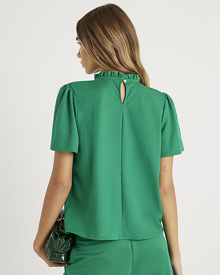 Green Linen High Neck Ruched Top