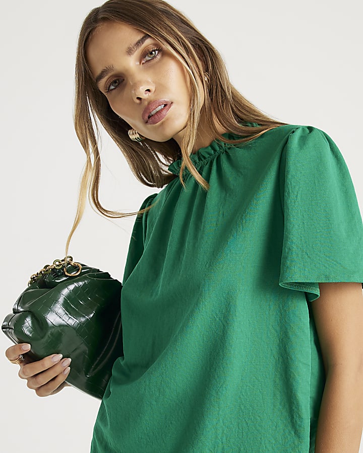 Green Linen High Neck Ruched Top