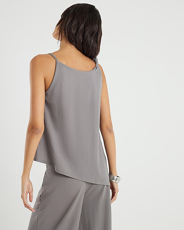 Grey Linen Look Jersey Twist Strap Top