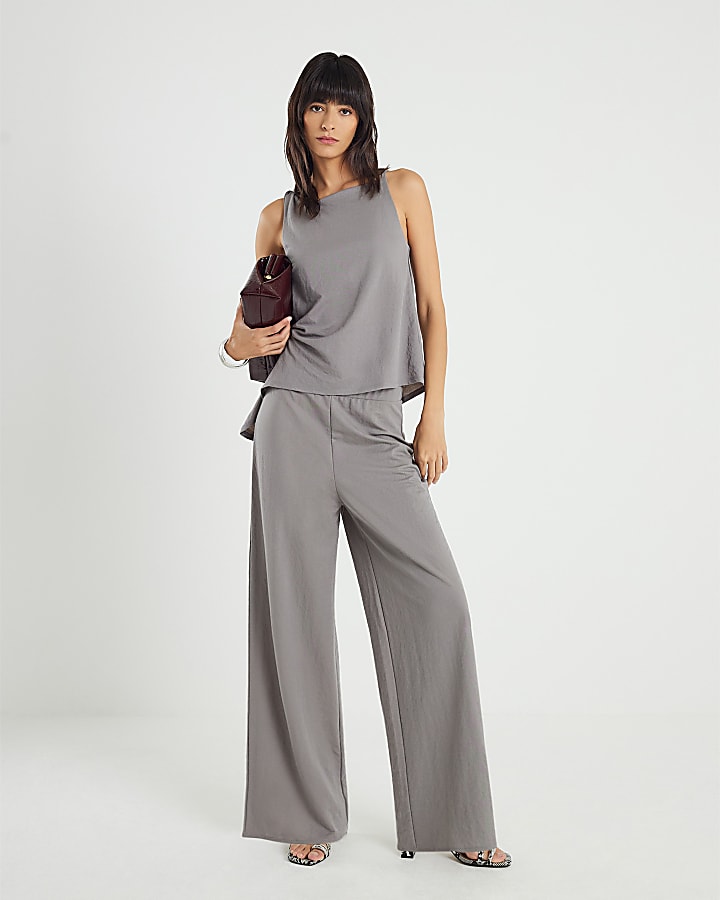 Grey Linen Look Jersey Twist Strap Top