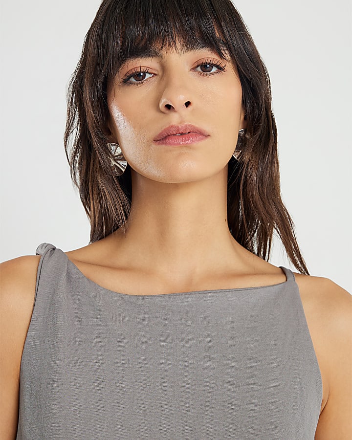 Grey Linen Look Jersey Twist Strap Top