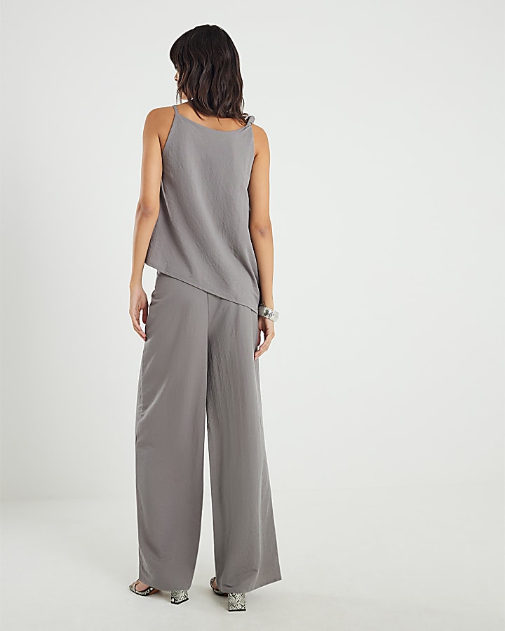 Grey Linen Wide Leg Trousers