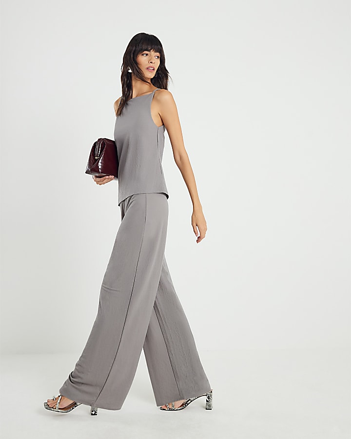 Grey Linen Wide Leg Trousers