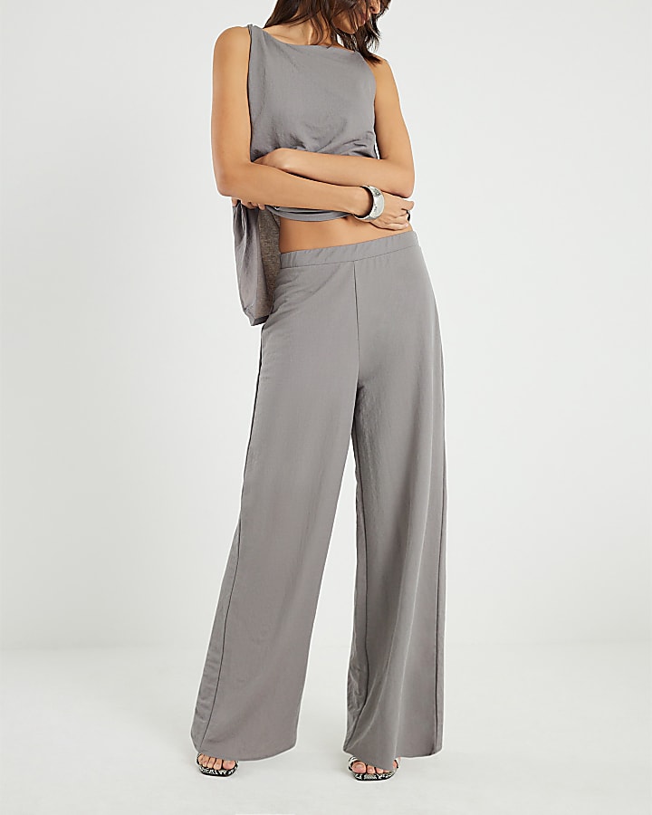 Grey Linen Wide Leg Trousers