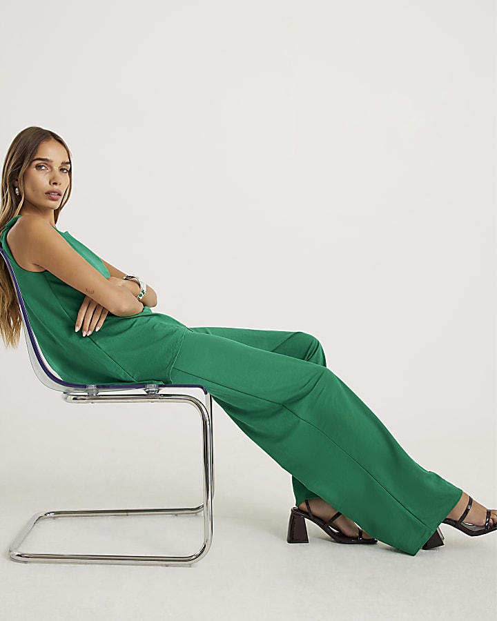 Green Linen Wide Leg Trouser