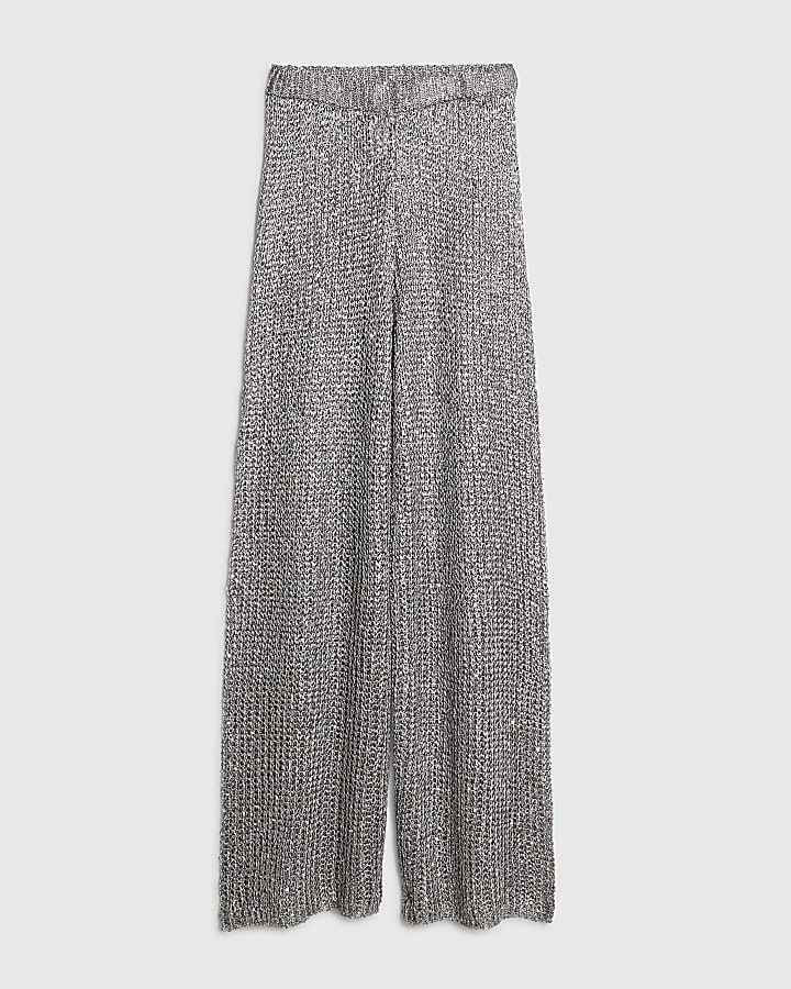 Silver Metallic Knit Wide Leg Trousers