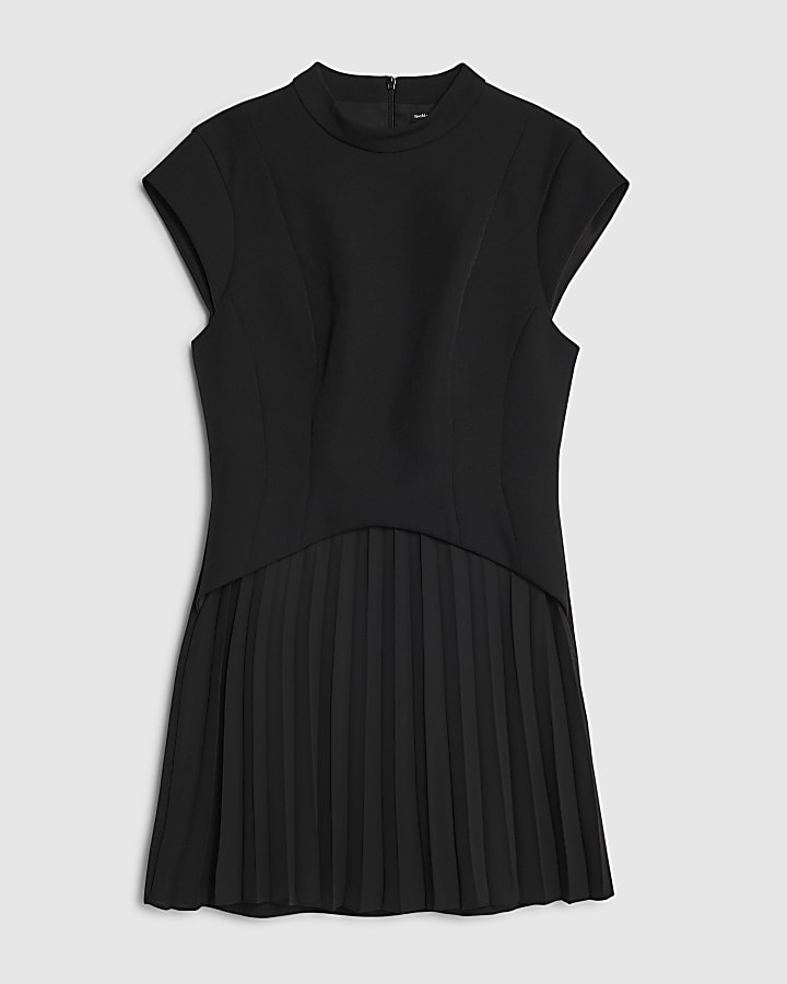 Black High Neck Pleated Mini Dress