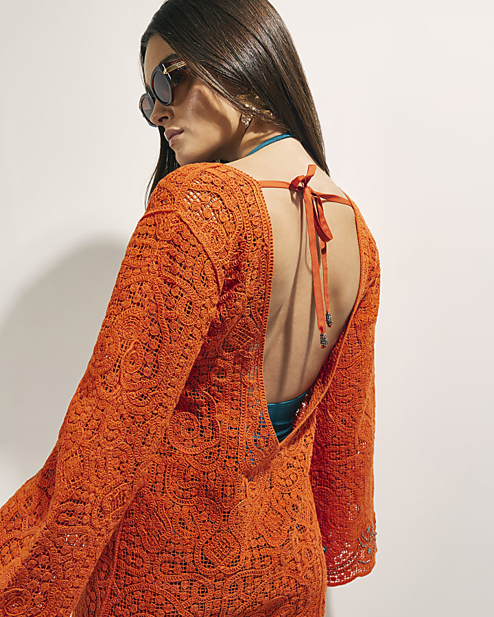 Orange Crochet Embellished Mini Beach Tunic