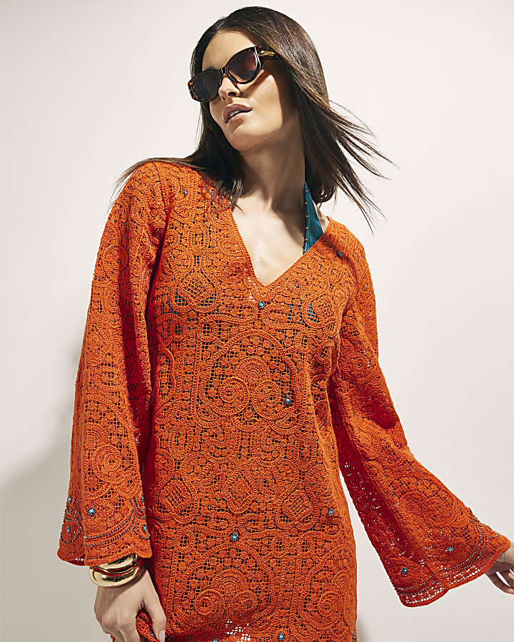 Orange Crochet Embellished Mini Beach Tunic